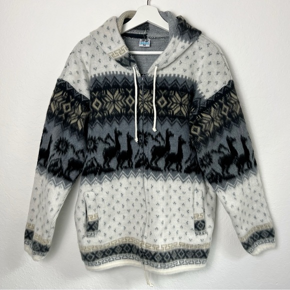 Yari Artesanias Ecuador Wool Llama Print Hooded Zip Up Sweater Jacket Size M - Picture 16 of 16